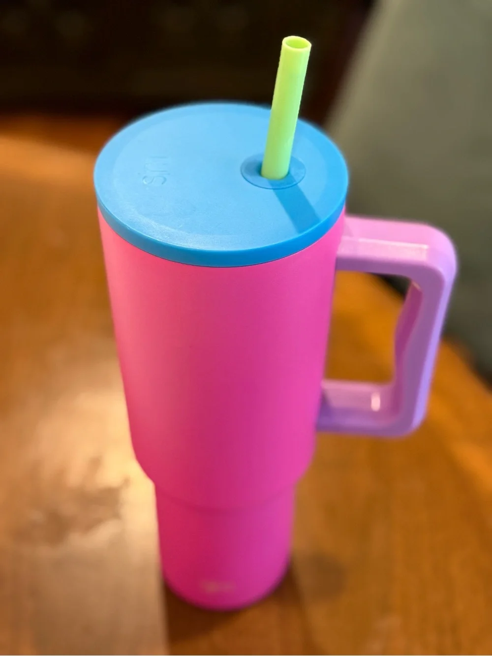 Slim Pink simple modern Travel Tumbler with Handle and Blue Lid